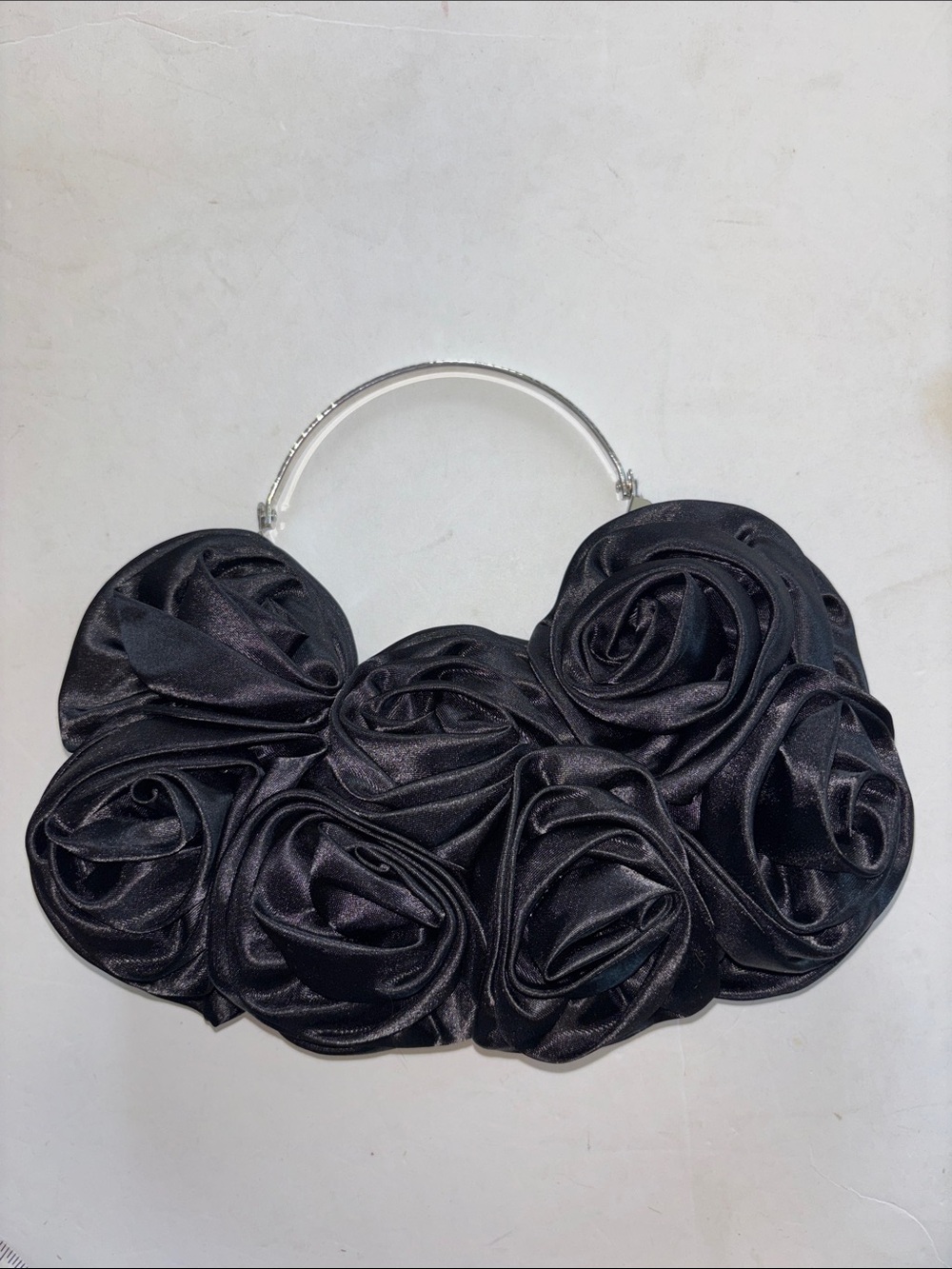LITTLE BLACK SATIN PURSE WITH ROSE DESIGN SILVER HARDWARE AND KISS LOCK